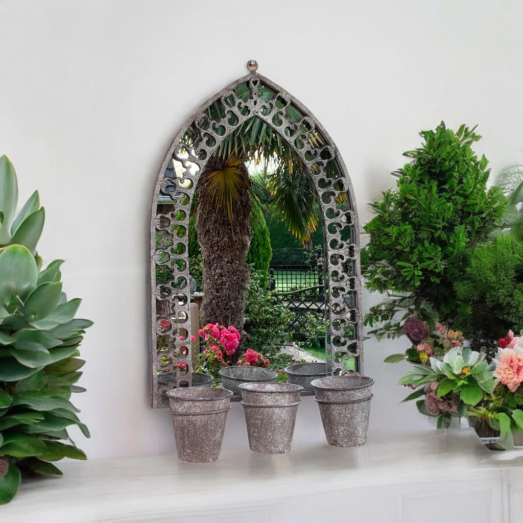 78CM RUSTY WALL MIRROR WITH TRIPLE PLANTER