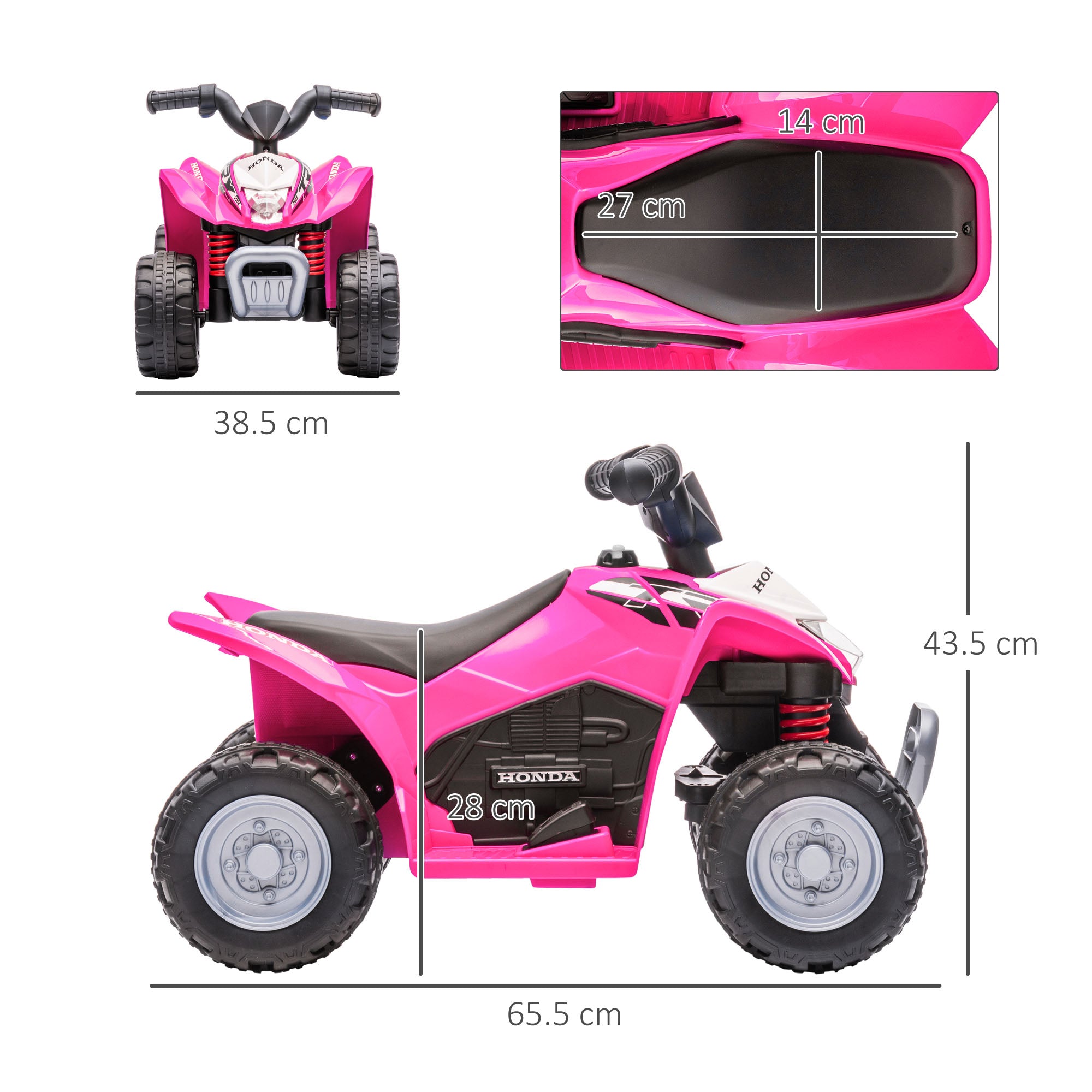 Honda licensed pink kids electric quad bike by HOMCOM for ages 1.5-3 years, featuring a sturdy design and fun style.