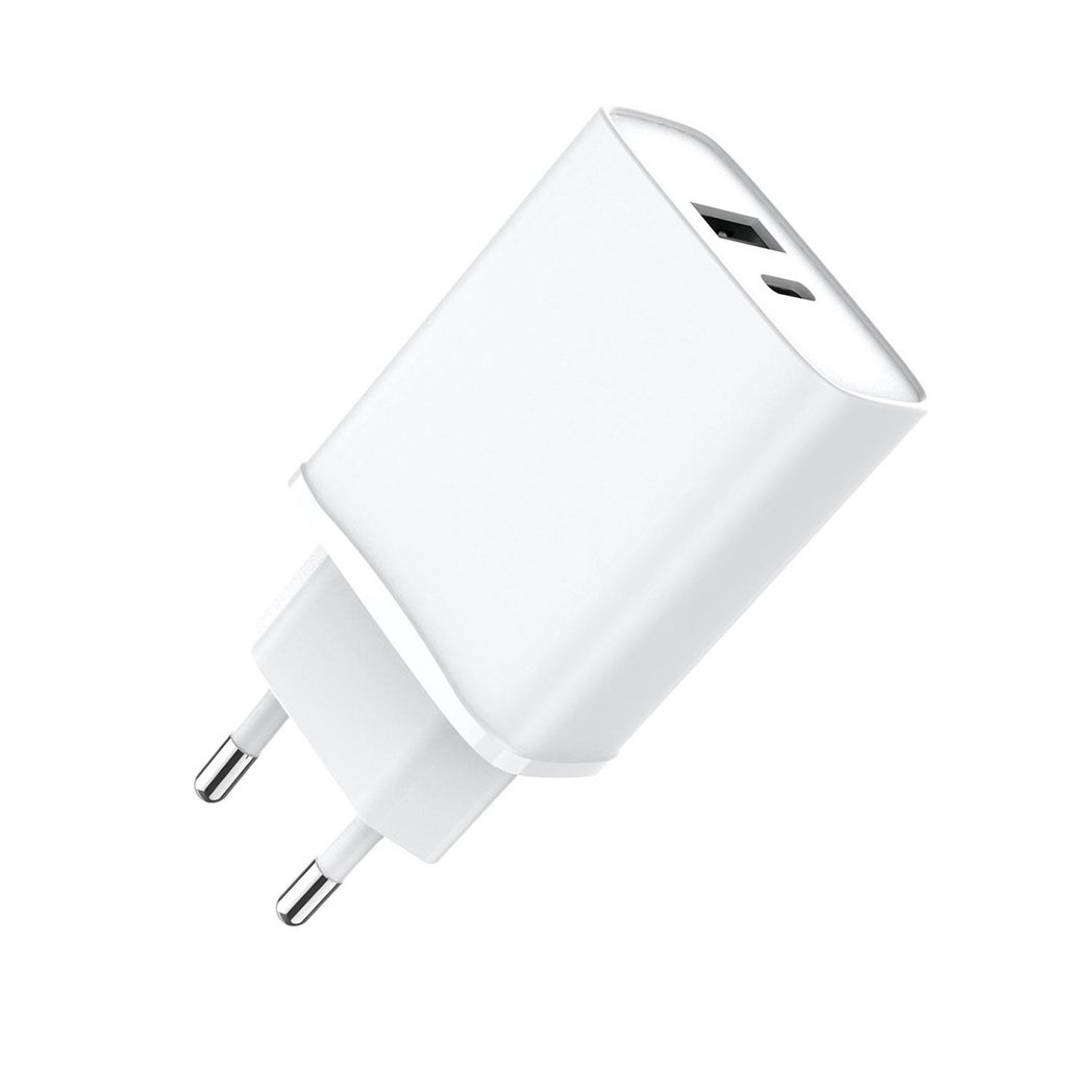 White FX TechHub dual mains charger with USB-C and USB-A ports, featuring an EU plug for fast charging convenience.