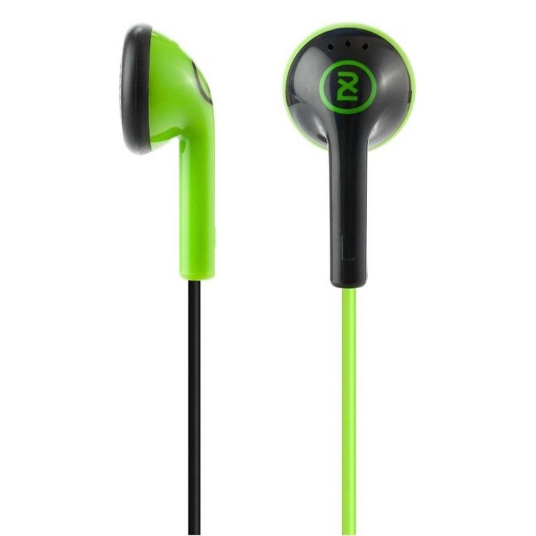 Green Offset 3.5mm jack in-ear headphones with hands-free design, featuring a sleek look and comfortable fit.