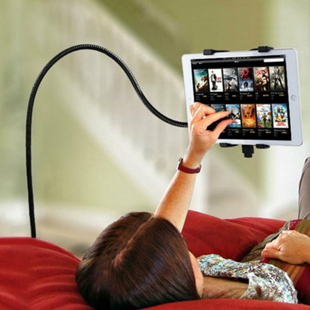 Red 360 Degree Clamp Tablet Holder by Aquarius, adjustable design for smart devices, showcasing its flexible arm and sturdy clamp.