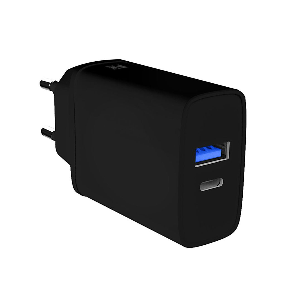 Black FX Dual Mains Charger with USB-C and USB-A ports, EU plug, designed for fast charging.