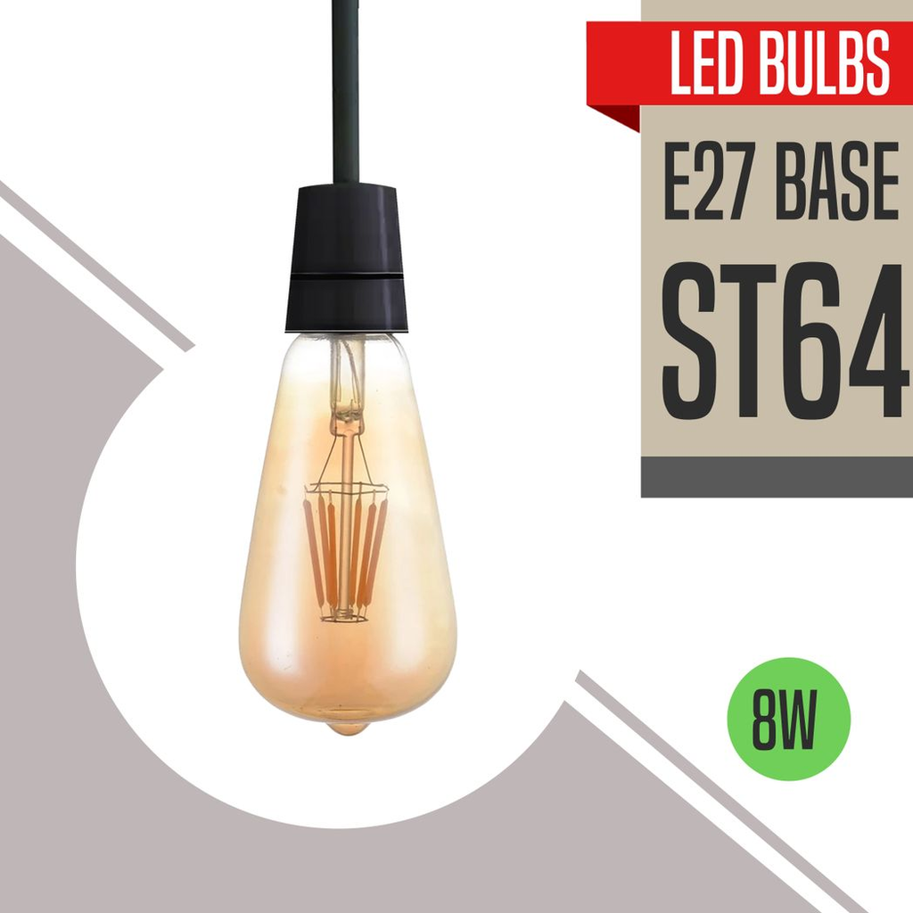 LED Edison bulbs by Ledsone in vintage amber ST64 design, E27 dimmable, 2700K, displayed in a cozy home setting.
