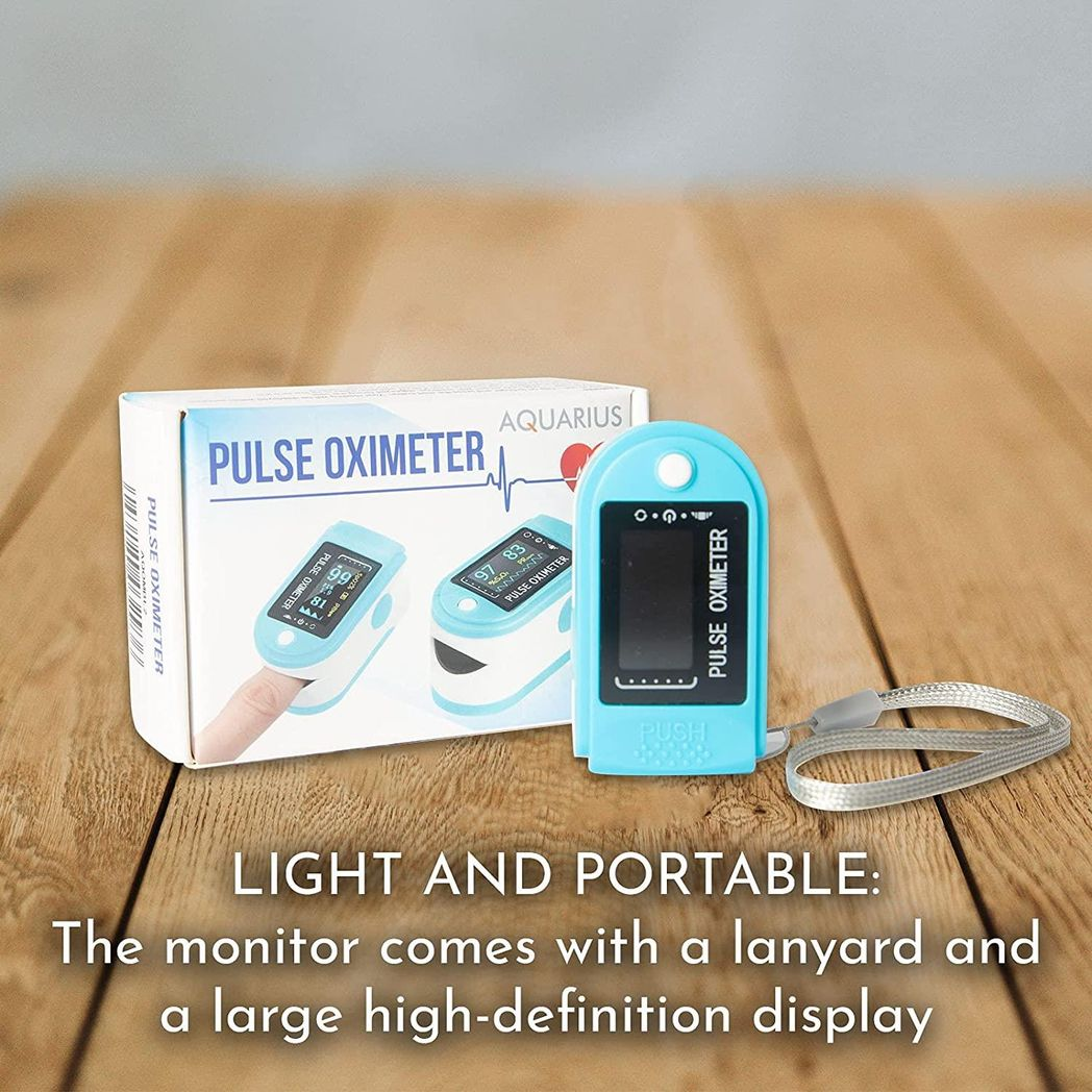 Aquarius Finger Pulse Oximeter displaying SpO2 levels and heart rate, FDA approved for accurate oxygen saturation monitoring.