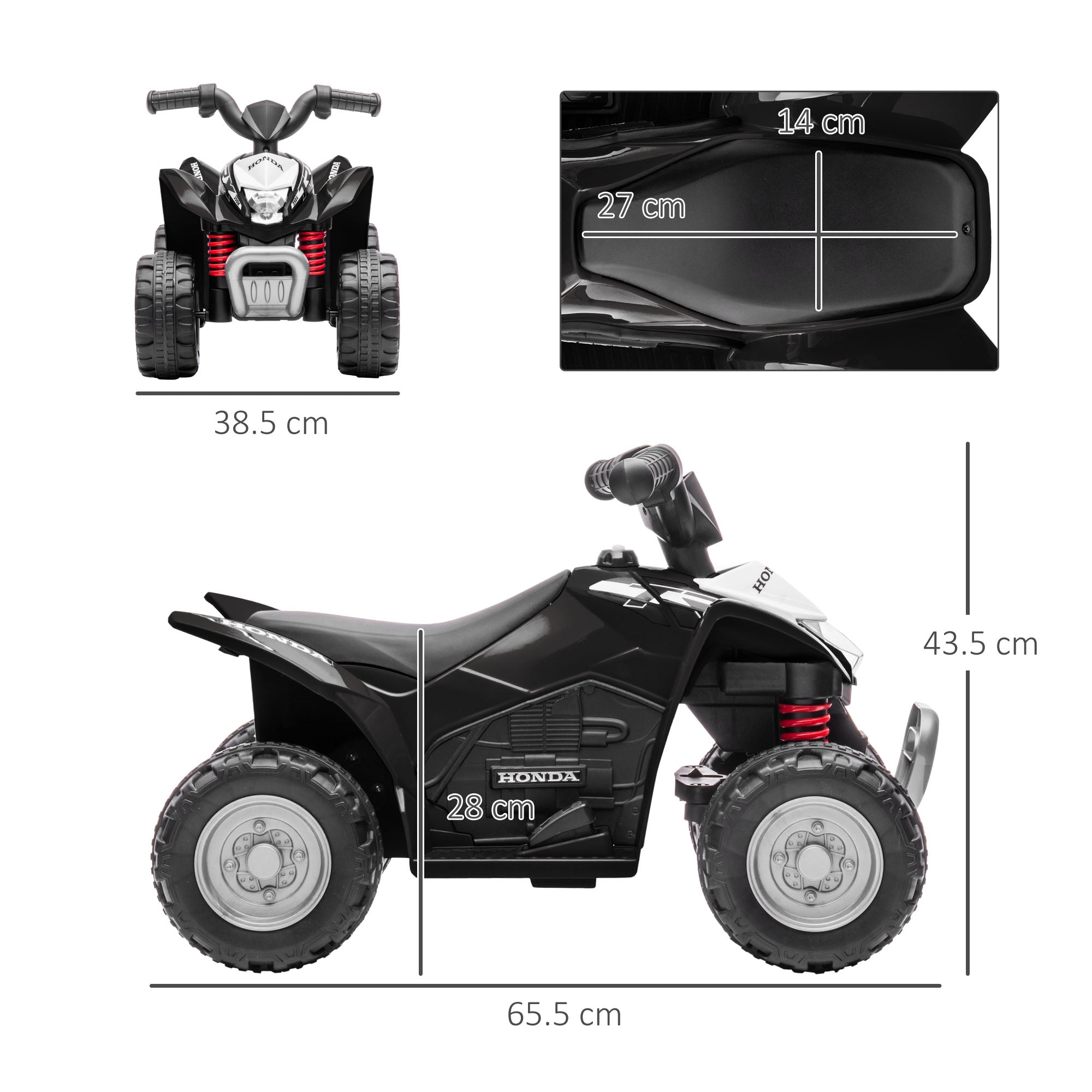 Black Honda licensed electric quad bike for kids aged 1.5-3 years, designed by HOMCOM for outdoor fun.