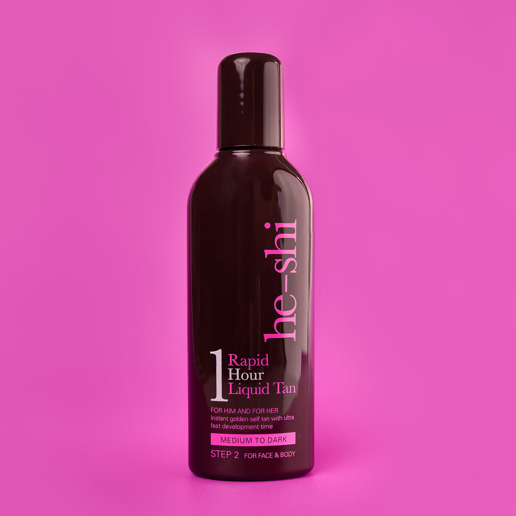 He-Shi Rapid 1 Hour Liquid Self Tan bottle with medium to dark tan shade, featuring a sleek design and quick dry formula.