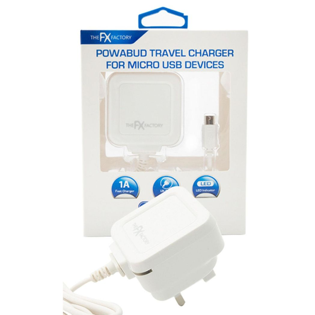 FX Factory USB Mains Charger 1A in white for USB and Micro USB devices on a plain background.