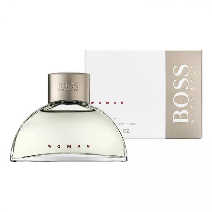 Hugo Boss Boss Woman Eau De Parfum Spray 90ml bottle with elegant design against a soft background.