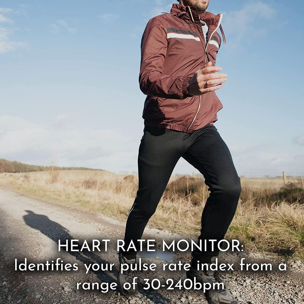 ActiveGear Aquarius finger pulse oximeter displaying SpO2 and heart rate readings on a digital screen.