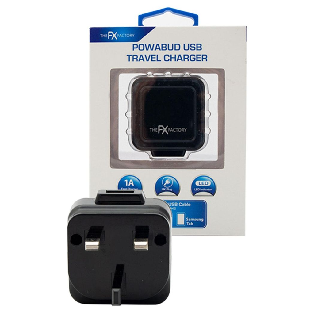 Black USB mains charger 1A for USB and Micro USB devices by FX Factory, featuring a compact design and standard plug.