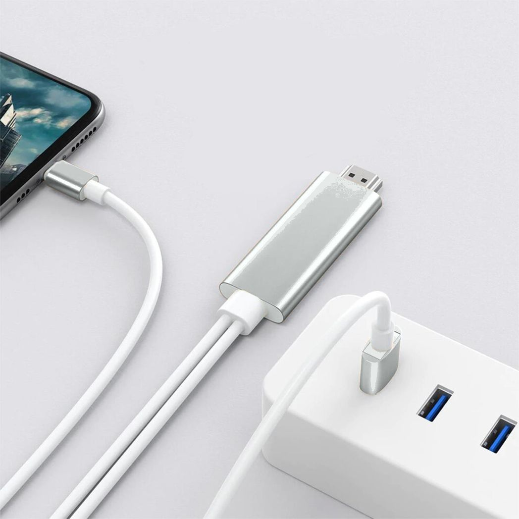 Aquarius Full HD HDMI connector cable in silver for screen mirroring with phone and pad, showcasing the cable's connectors.