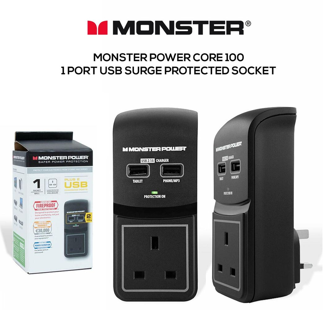 Black Surge Protected Socket by Monster with 2 USB Charging Ports, featuring multiple outlets for convenient device charging.