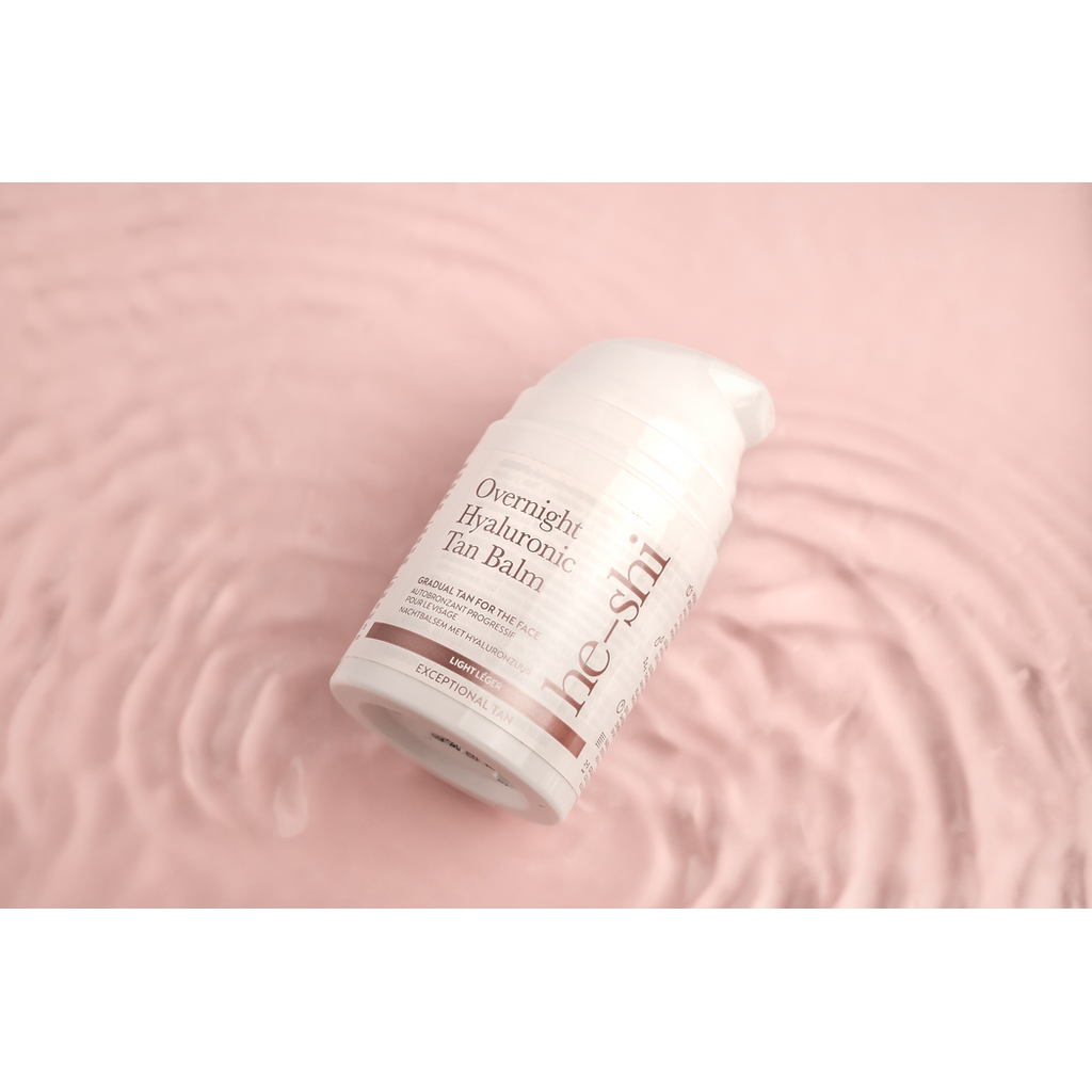 He-Shi Overnight Hyaluronic Self Tan Balm 50ml in a jar, designed for a relaxing facial night tan with a smooth texture.