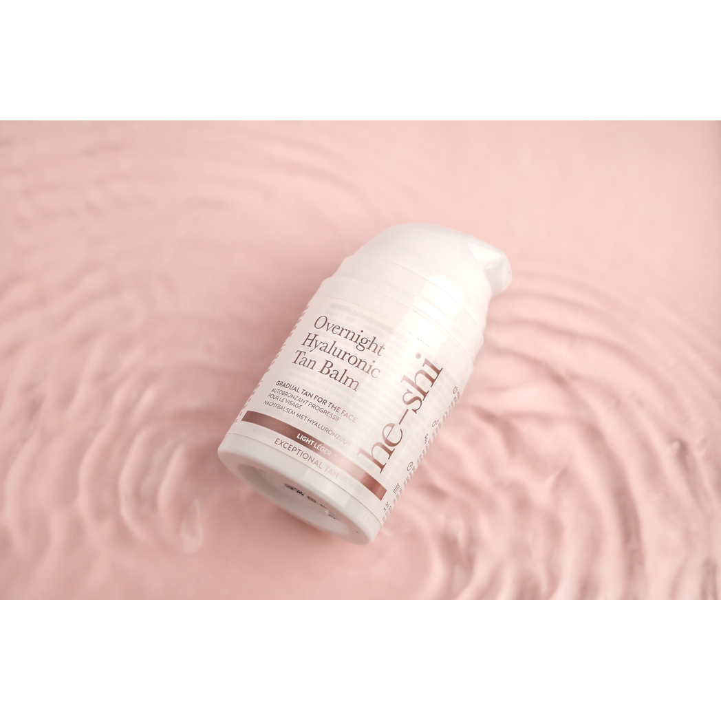 He-Shi Overnight Hyaluronic Self Tan Balm 50ml in a jar, designed for a relaxing facial night tan with a smooth texture.