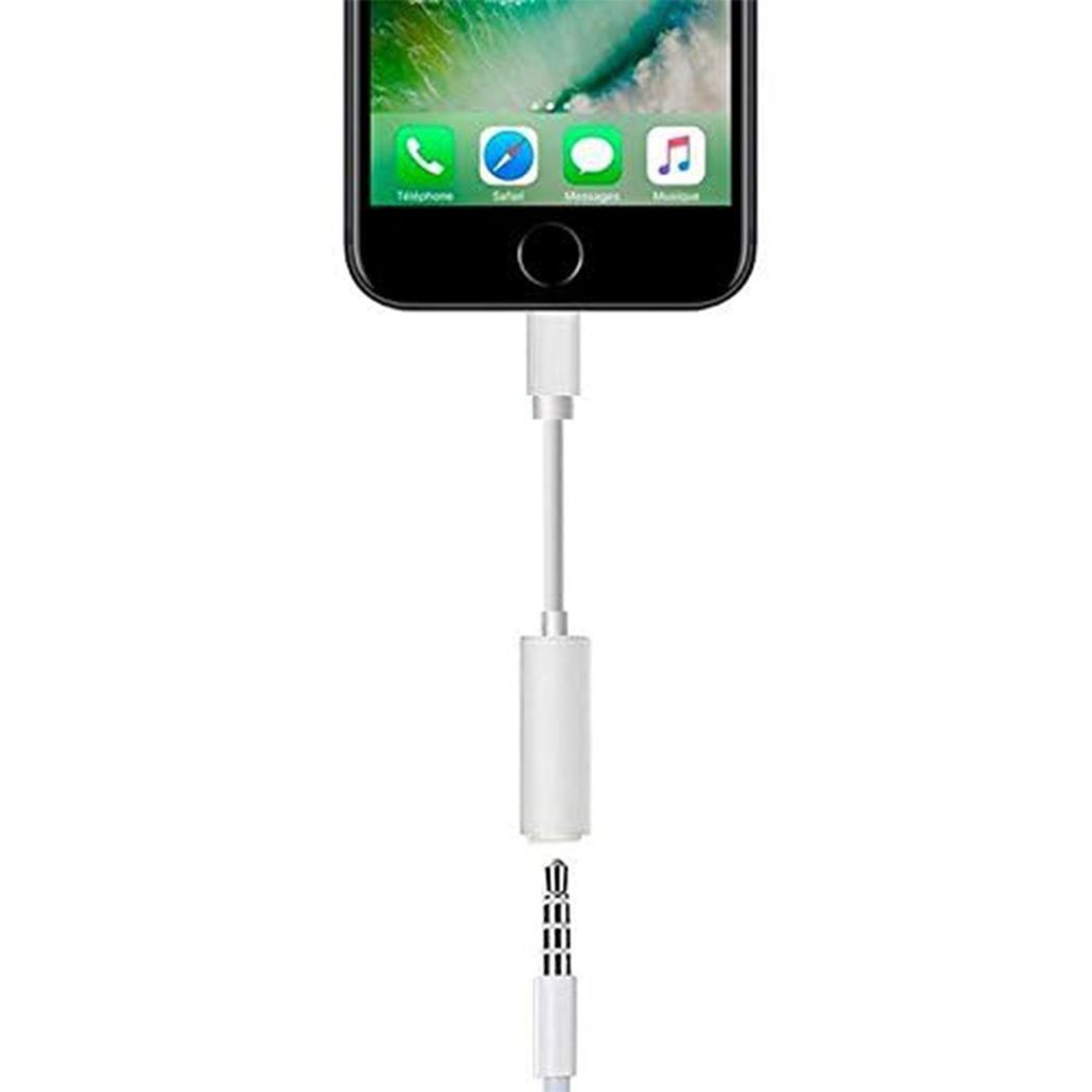 White FX Lightning to 3.5mm earphone converter adapter with a sleek design, showcasing premium sound quality.
