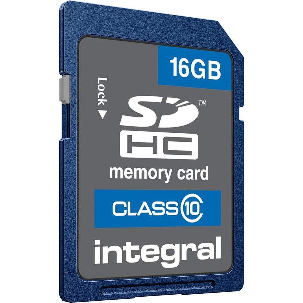 Integral 16GB SDHC Class 10 flash memory card with black protective case on a white background.