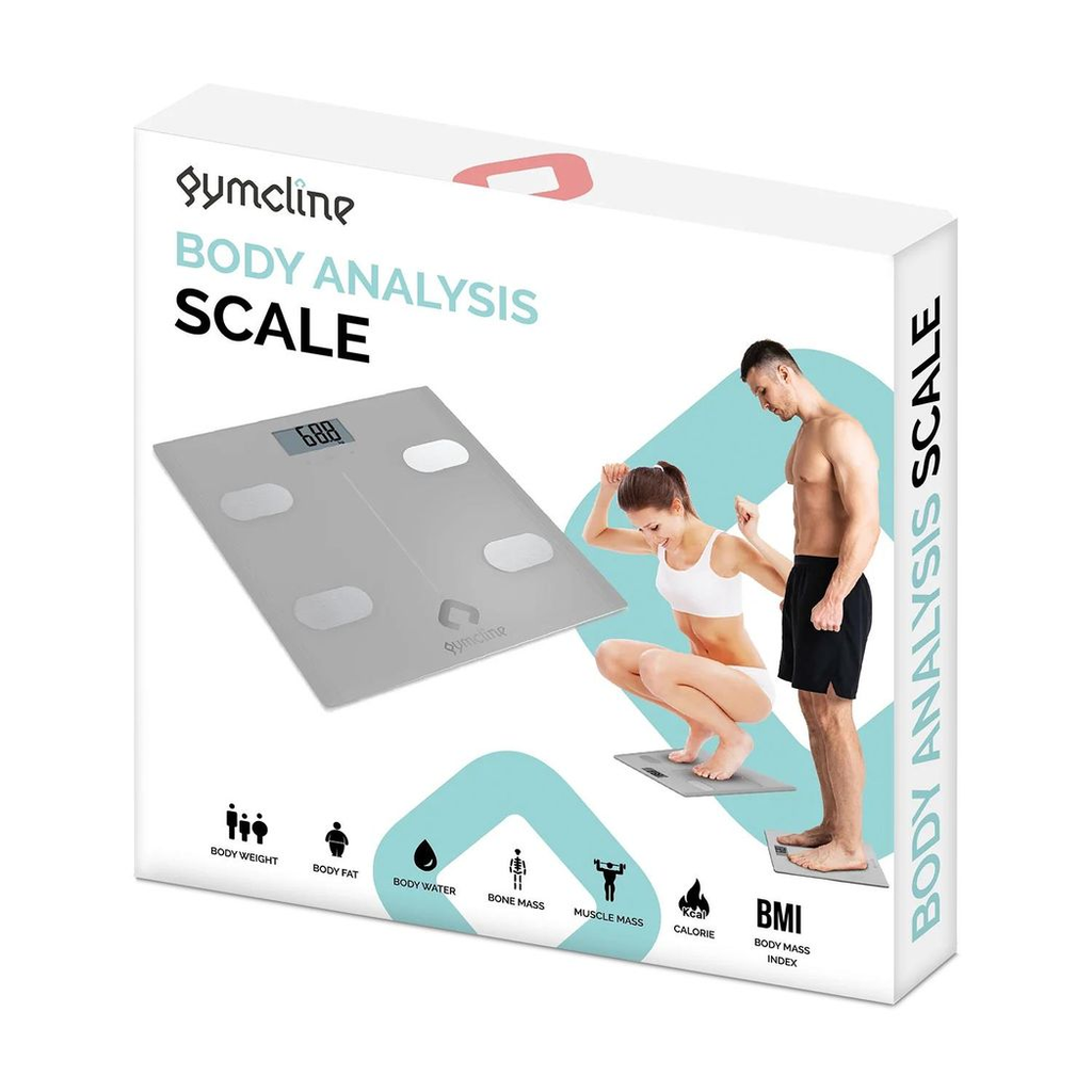 Silver Gymcline Body Analysis Scale showing BMI report and daily calorie intake guide on a sleek surface.