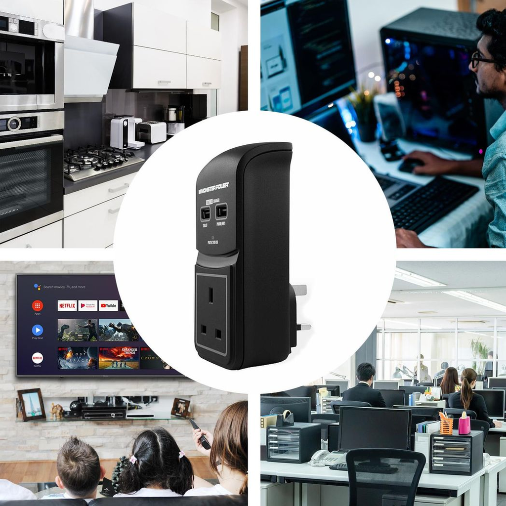 Black Surge Protected Socket by Monster with 2 USB Charging Ports, showcasing its multiple outlets and sleek design.