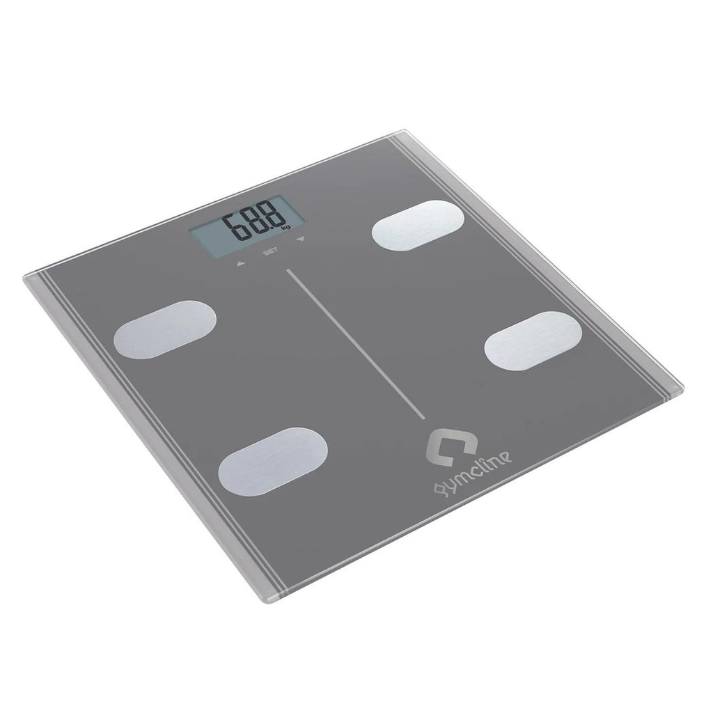 Gymcline body analysis scale in space grey showing BMI report and calorie intake guide on the display screen.