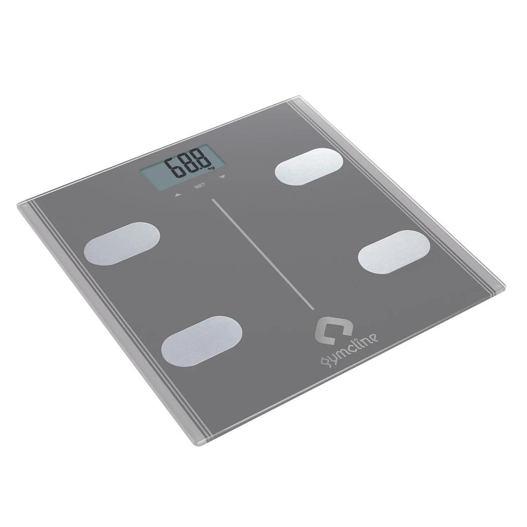Gymcline body analysis scale in space grey showing BMI report and calorie intake guide on the display screen.