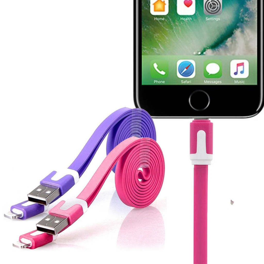 Hot pink flat micro USB cable by GVC, 1 metre long, designed for tangle-free syncing and charging.