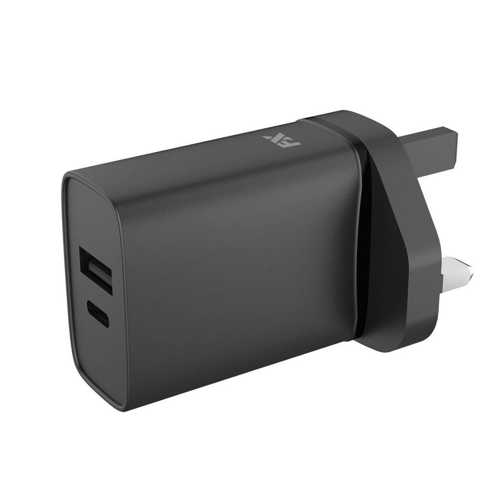 White FX Dual Mains Charger with USB-C and USB-A ports, UK plug, designed for fast charging tech devices.