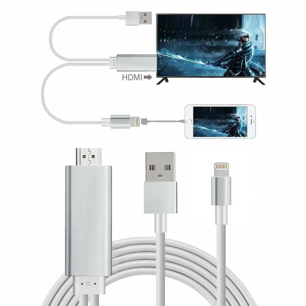 Full HD HDMI connector cable by Aquarius in silver, designed for screen mirroring with phone and pad devices.