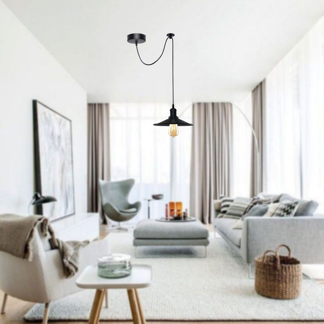 Black metal vintage cone pendant light with adjustable cord and E27 socket, ideal for home decor.