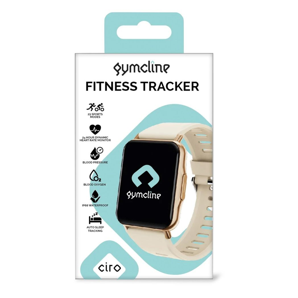 Gymcline Ciro fitness tracker in cream color with 25 sports modes and IP68 water protection displayed on a wrist.