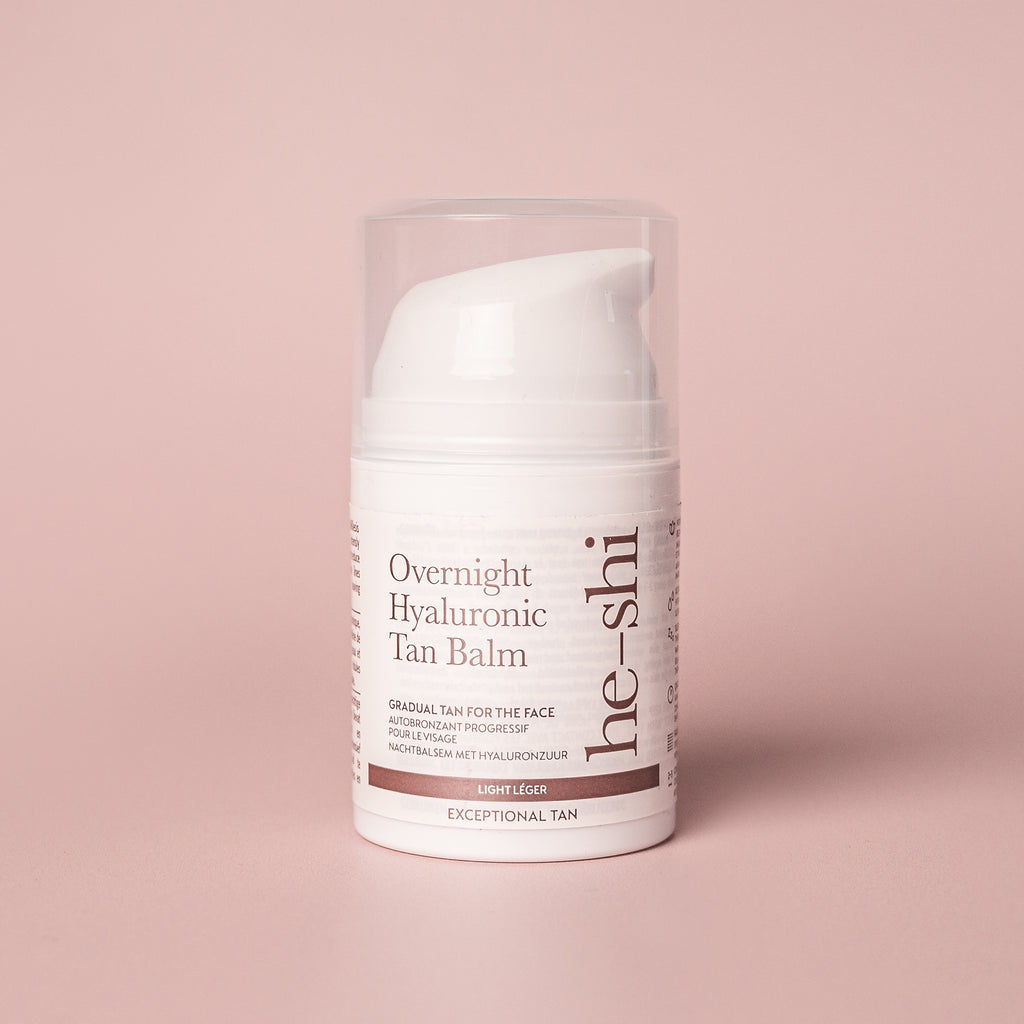 He-Shi Overnight Hyaluronic Self Tan Balm in 50ml, showcasing a smooth balm texture and relaxing facial tanning formula.