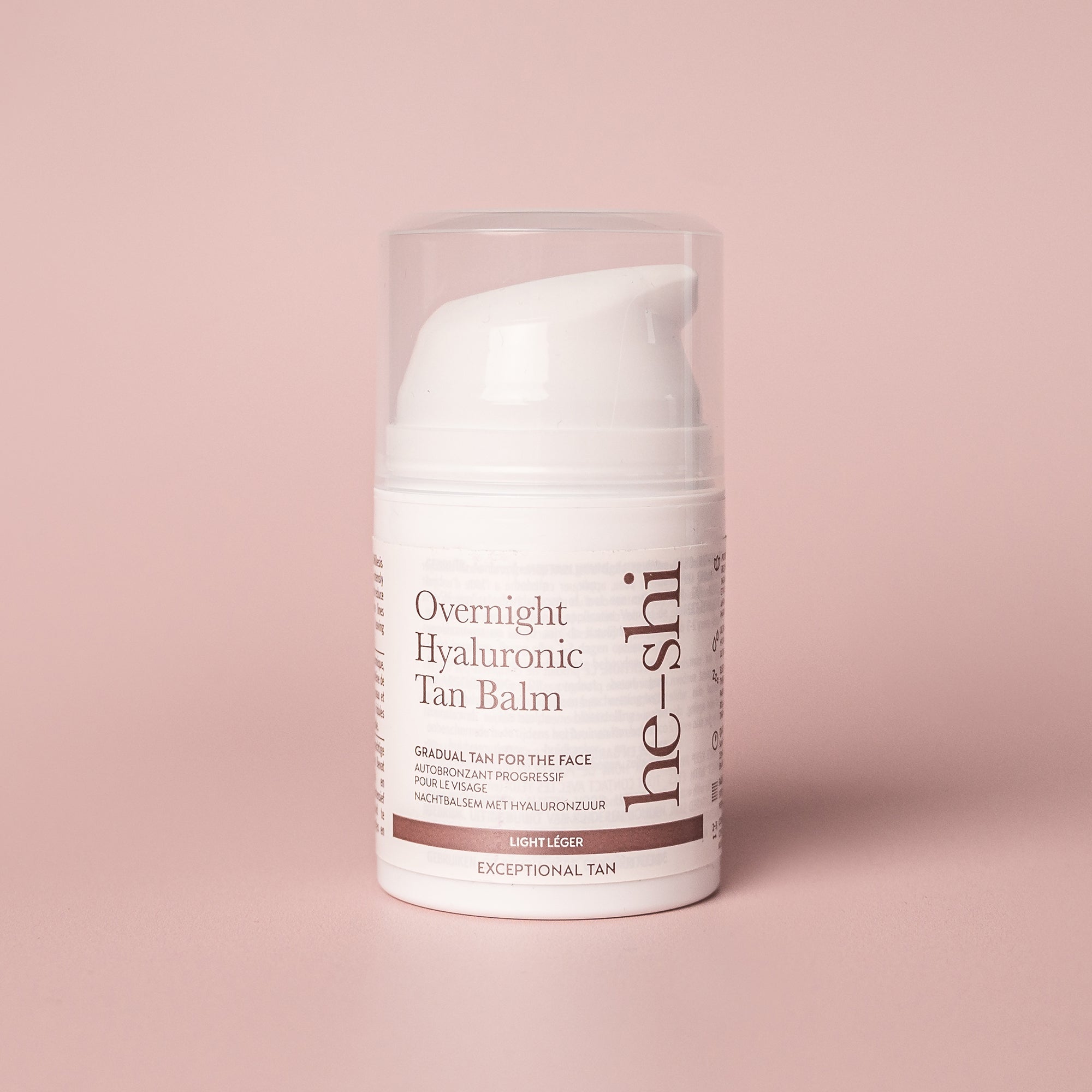 He-Shi Overnight Hyaluronic Self Tan Balm in 50ml, showcasing a smooth balm texture and relaxing facial tanning formula.
