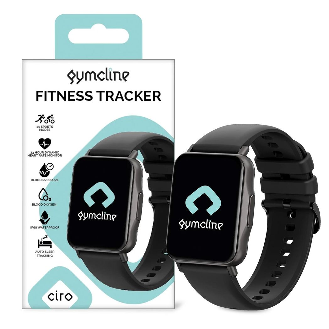 Black Gymcline Fitness Tracker featuring 25 sports modes and IP68 water protection, displayed on a wrist.
