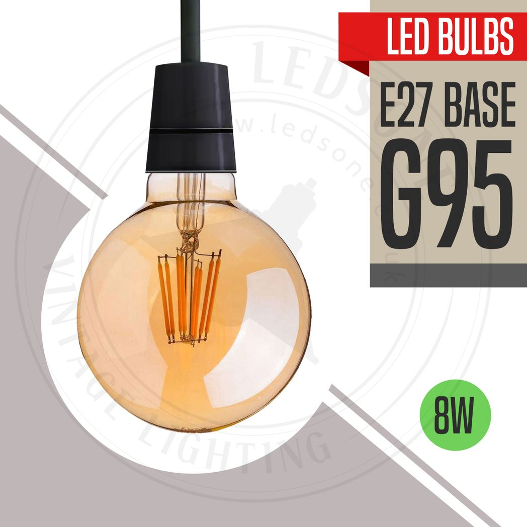 Two LED Edison bulbs in vintage amber glass, E27 dimmable, 2700K color temperature by Ledsone.