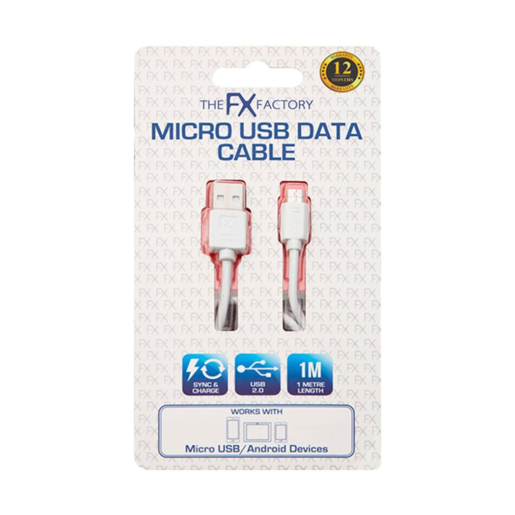 White USB data cable for Micro USB devices by FX Factory, designed for charging and syncing.