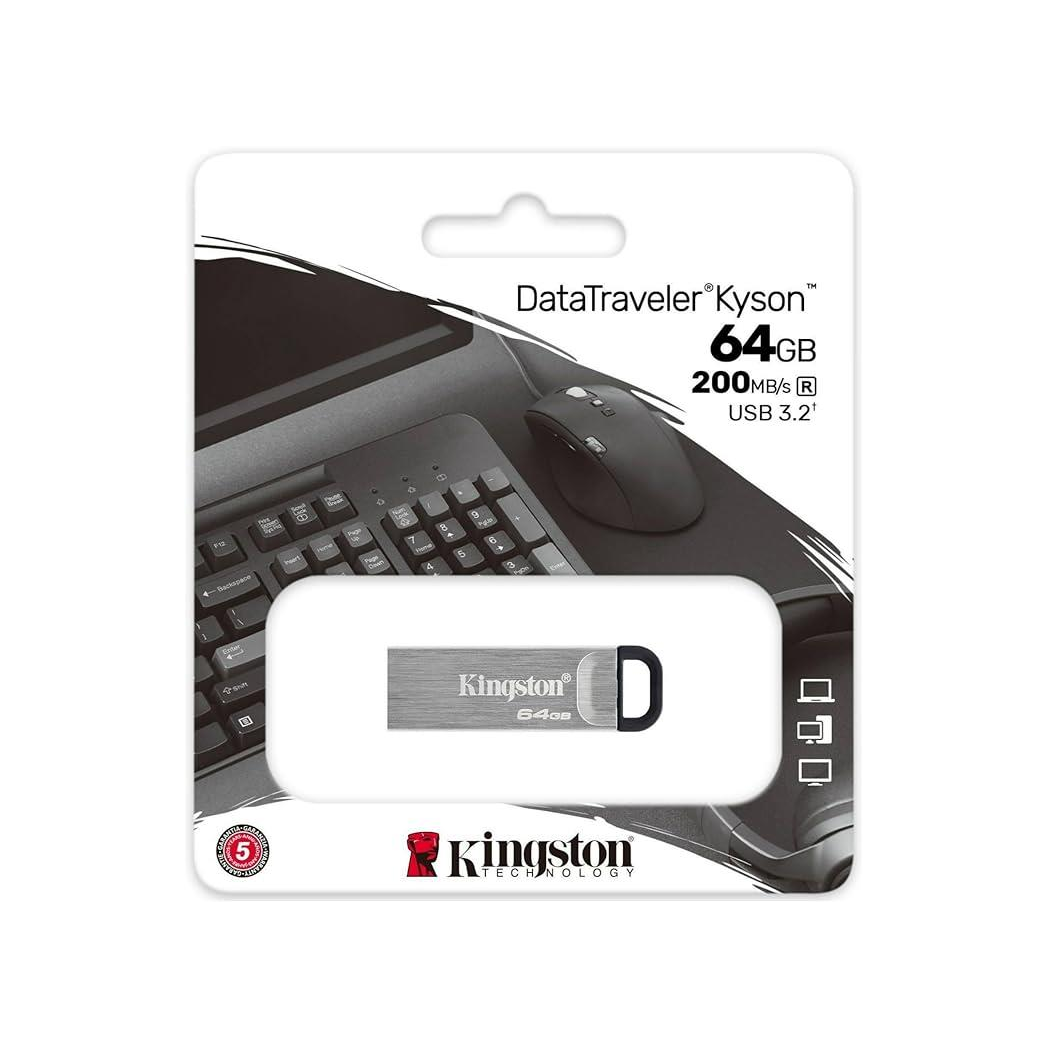 Kingston DataTraveler Kyson USB 3.2 Gen 1 Flash Drive 64GB - Stylish Capless Metal Case
