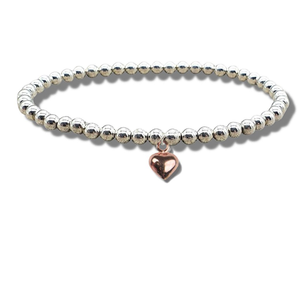 Girls Mini Puff Heart Rose Gold Beaded Bracelet - Stretch Elastic