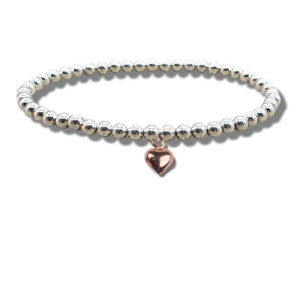 Girls Mini Puff Heart Rose Gold Beaded Bracelet - Stretch Elastic