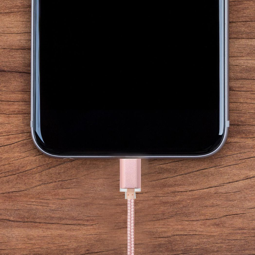 Rose gold FX Braided Micro USB data cable with textured design and flexible connectors on a white background.