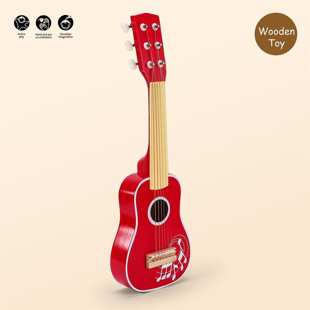 Bright red SOKA FunZone guitar, featuring a smooth finish and child-friendly design for imaginative play.