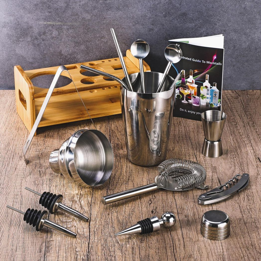15-piece stainless steel cocktail shaker set by Vinsani, featuring various bartending tools arranged neatly.