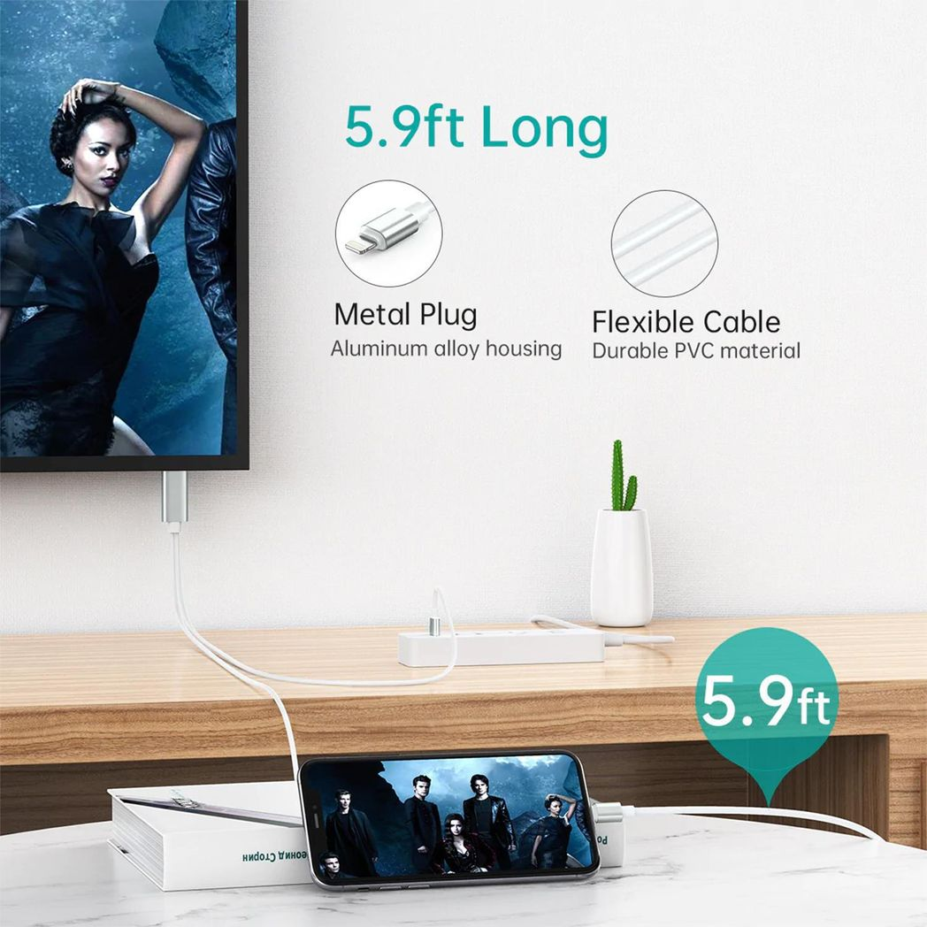 Full HD HDMI connector cable in silver for phone and pad screen mirroring by Aquarius, showcasing connectors and cable length.