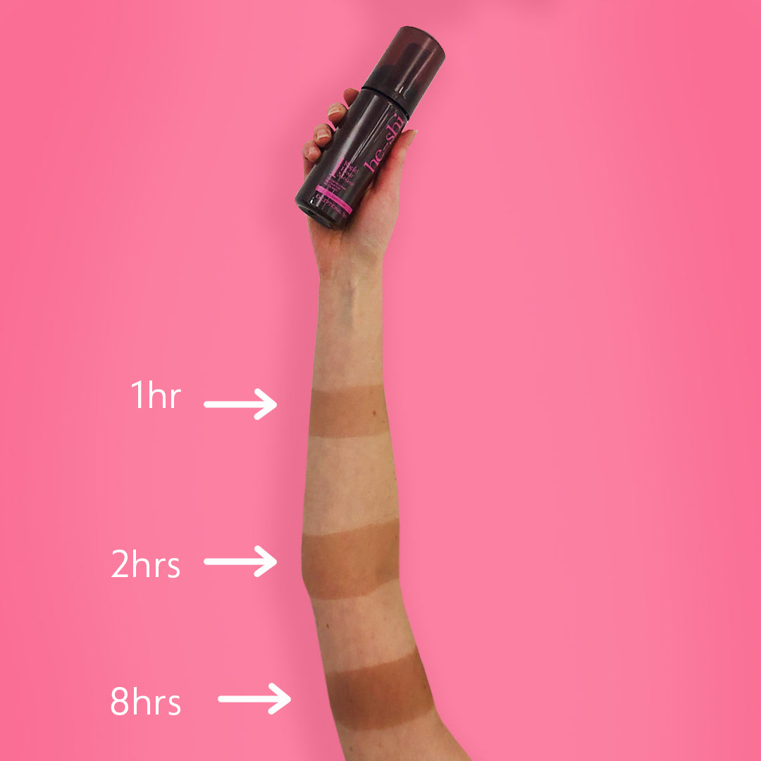 He-Shi Rapid 1 Hour Mousse in Medium to Dark, showcasing the bottle against a neutral background for self-tanning.