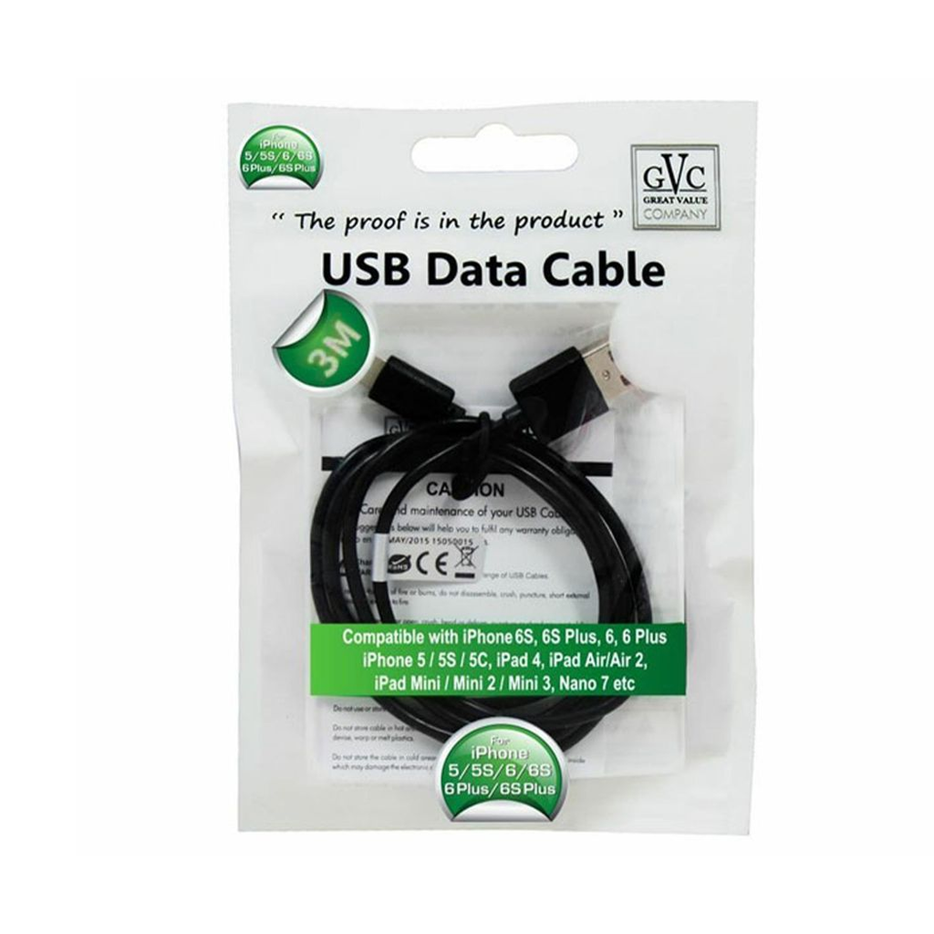 GVC TechHub USB data cable, 3M extra long, designed for charging and syncing devices efficiently.