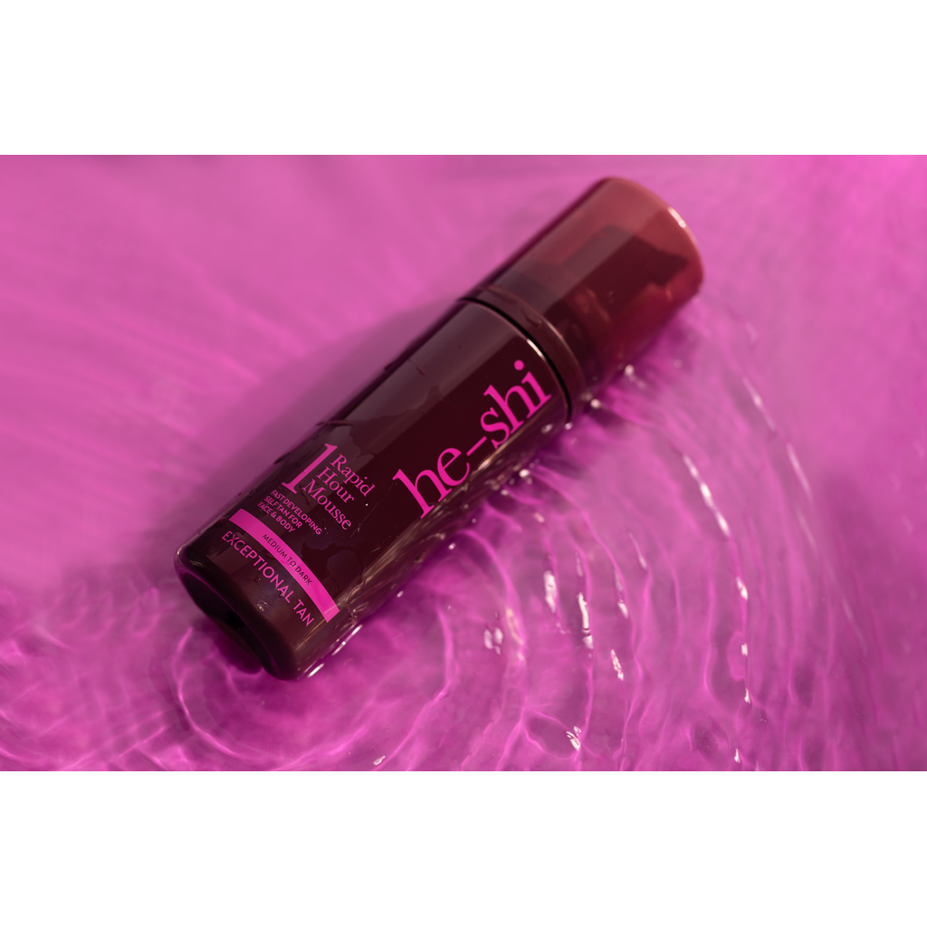 He-Shi Rapid 1 Hour Mousse in Medium to Dark for a quick-drying self tan, showcasing the bottle and application texture.