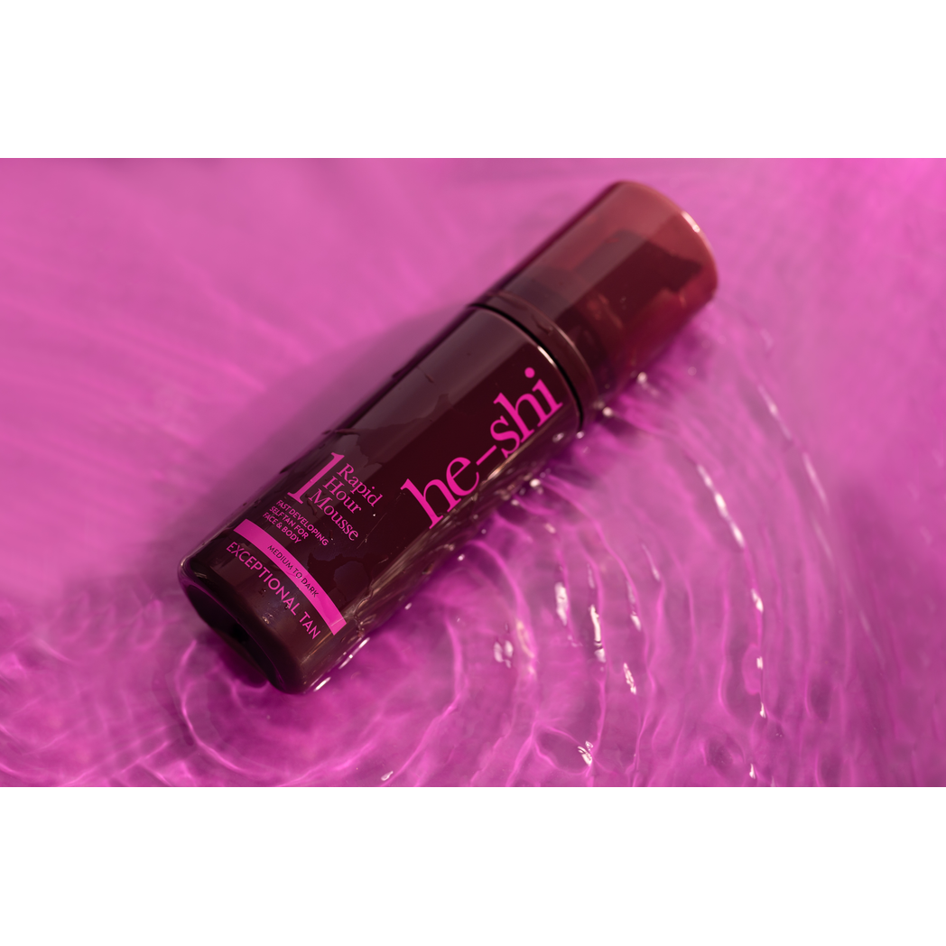 He-Shi Rapid 1 Hour Mousse in Medium to Dark for a quick-drying self tan, showcasing the bottle and application texture.
