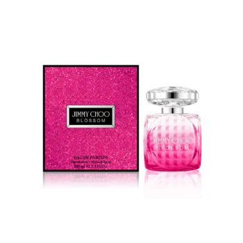 Jimmy Choo Blossom Eau de Parfum Spray 100ml in a pink bottle with floral design on a white background.