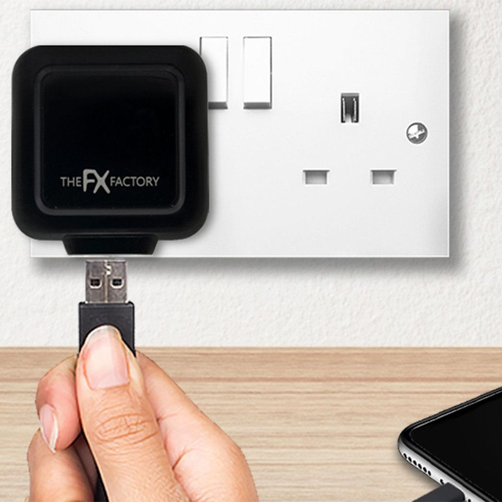 Black FX Factory USB Mains Charger 1A for USB and Micro USB devices with a compact design and two charging ports.