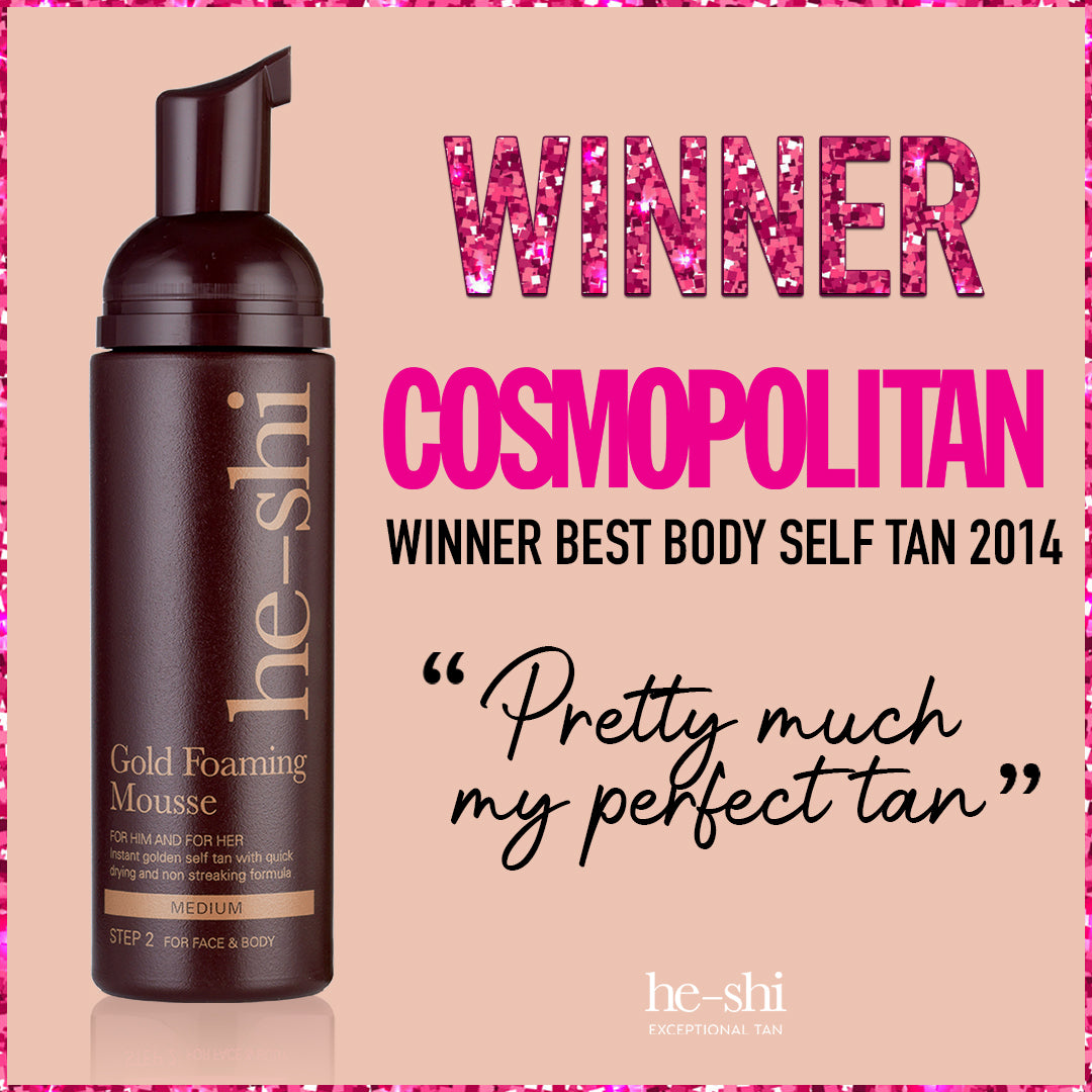 He-Shi Gold Foaming Mousse in a bottle, showcasing medium self-tan formula, quick-dry texture, and easy application.