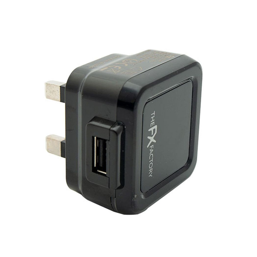 Black USB mains charger 1A by FX Factory for USB and Micro USB devices, featuring a compact design and standard plug.
