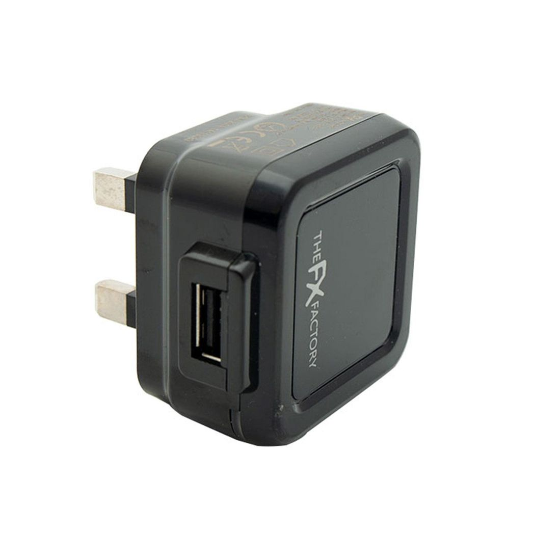 Black USB mains charger 1A by FX Factory for USB and Micro USB devices, featuring a compact design and standard plug.
